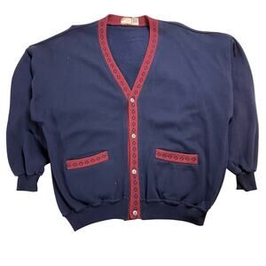 Vintage Cardigan Mens Large Navy Fleece Button Front Pockets Boundary Waters